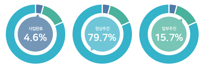 사업완료 4.6%, 정상추진 79.7%, 일부추진 15.7%. 