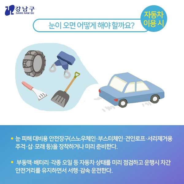 눈이 오면 어떻게 해야 할까요? : 자동차 이용 시 - 눈 피해 대비용 안전장구(스노우체인,부스터체인,견인로프,서리제거용주걱,삽,모래등)를 장착하거나 미리 준비한다. - 부동액,배터리,각종 오일 등 자동차 상태를 미리 점검하고 운행시 차간 안전거리를 유지하면서 서행,감속 운전한다.