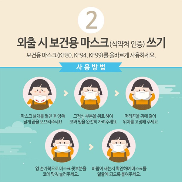 2. 외출시 보건용 마스크 쓰기, 보건용 마스크를 올바르게 사용하세요.