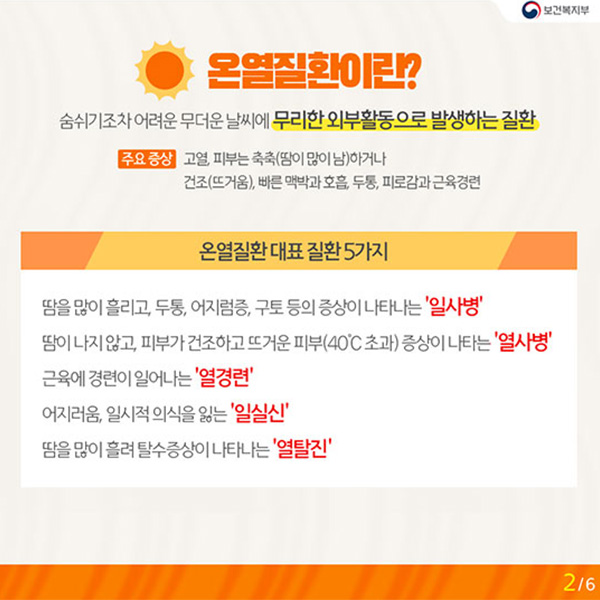 온열질환이란? 숨쉬기조차 어려운 무더운 날씨에 무리한 외부활동으로 발생하는 질환 자세한 내용은 아래 참고