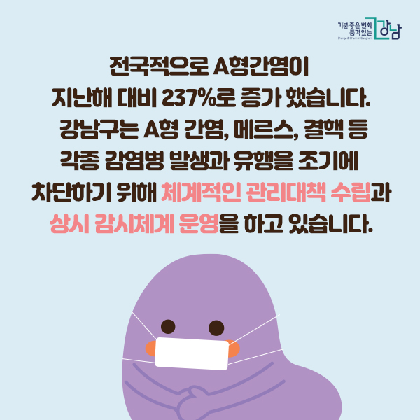 전국적으로 A형 간염이 지난해 대비 237%로 증가했습니다. 강남구는 A형 간염, 메르스, 결핵 등 각종 감염병 발생과 유행을 조기에 차단하기 위해 체계적인 관리 대책 수립과 상시 감시체계 운영을 하고 있습니다.