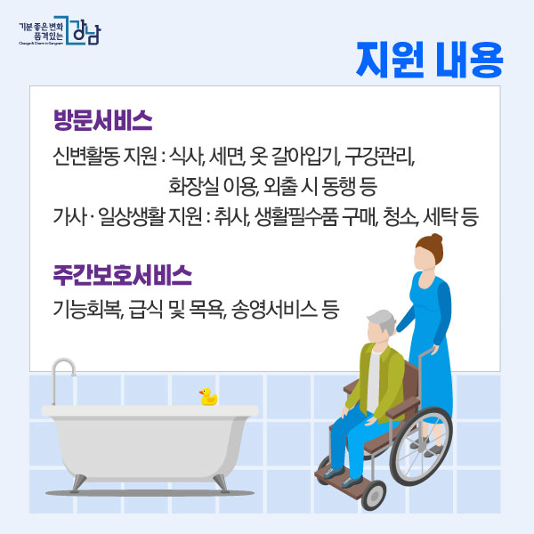 지원 내용: 방문서비스:신변활동 지원 : 식사, 세면, 옷 갈아입기, 구강관리, 화장실 이용, 외출 시 동행 등 가사ㆍ일상생활 지원 : 취사, 생활필수품 구매, 청소, 세탁 등 주간보호서비스 - 기능회복, 급식 및 목욕, 송영서비스 등.