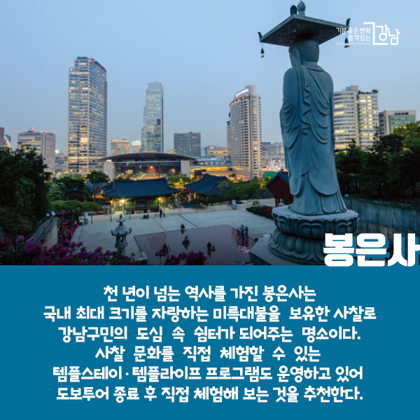 봉은사 - 천 년이 넘는 역사를 가진 봉은사는 국내 최대 크기를 자랑하는 미륵대불을 보유한 사찰로 강남구민의 도심 속 쉼터가 되어주는 명소이다. 사찰 문화를 직접 체험할 수 있는 템플스테이·템플라이프 프로그램도 운영하고 있어 도보투어 종료 후 직접 체험해 보는 것을 추천한다.