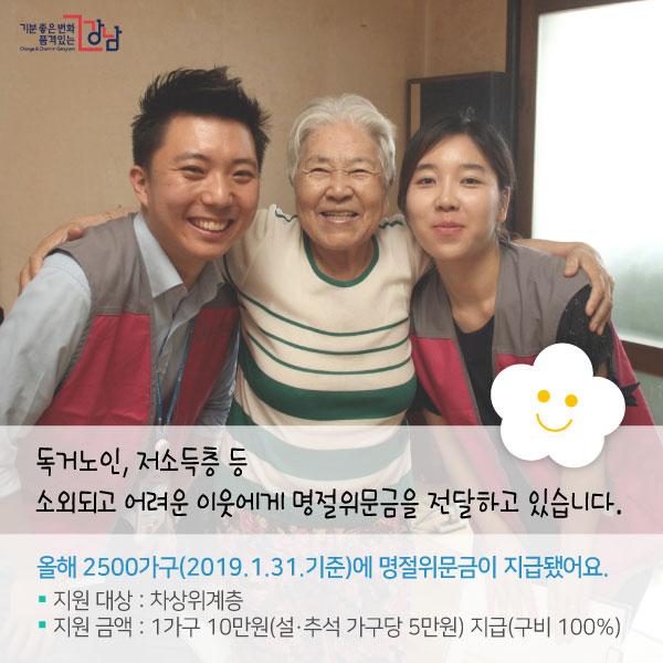 독거노인, 저소득층 등 소외되고 어려운 이웃에게 명절위문금을 전달하고 있습니다.