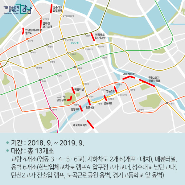 ❍ 기간 : 2018. 9. ~ 2019. 9. ❍ 대상 : 총 13개소 교량 4개소(영동 3ㆍ4ㆍ5ㆍ6교), 지하차도 2개소(개포ㆍ대치), 매봉터널, 옹벽 6개소(한남입체교차로 램프A, 압구정고가 교대, 성수대교 남단 교대, 탄천2고가 진출입 램프, 도곡근린공원 옹벽, 경기고등학교 앞 옹벽)