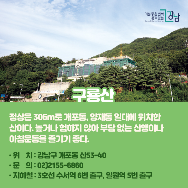 구룡산 정상은 306m로 개포동, 양재동 일대에 위치한 산이다. 높거나 험하지 않아 부담 없는 산행이나 아침운동을 즐기기 좋다. 