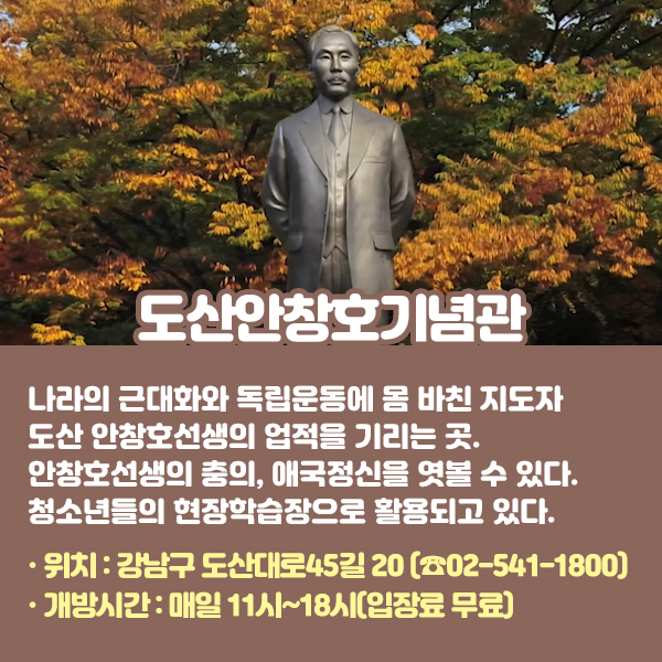 도산안창호기념관 나라의 근대화와 독립운동에 몸 바친 지도자 도산 안창호선생의 업적을 기리는 곳이다. 안창호선생의 충의, 애국정신을 엿볼 수 있다. 청소년들의 현장학습장으로 활용되고 있다. •위치: 강남구 도산대로45길 20 (☎02-541-1800) •개방시간: 매일 11시~18시(입장료 무료)  