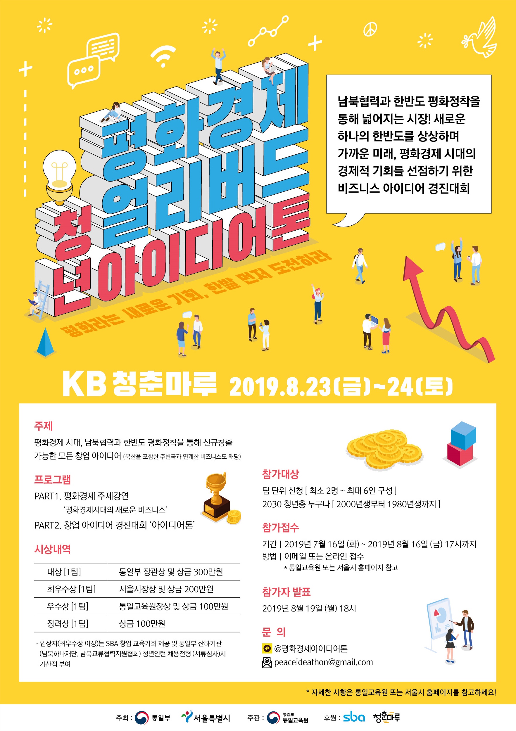 2030 쳥년층의 남북협력 및 한반도 평화정착에 대한 이해를 제고하기 위한 창업 아이디어 경진대회, ‘평화경제 얼리버드 청년 아이디어톤’이 8월 23, 24일 무박 2일간 KB 청춘마루에서 개최된다.