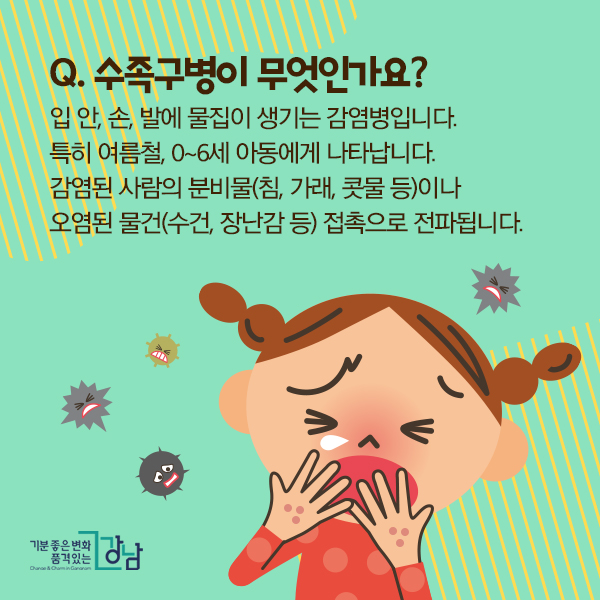 Q. 수족구병이 무엇인가요? 입 안, 손, 발에 물집이 생기는 감염병입니다. 특히 여름철, 0~6세 아동에게 나타납니다. 감염된 사람의 분비물(침, 가래, 콧물 등)이나 오염된 물건(수건, 장난감 등) 접촉으로 전파됩니다.