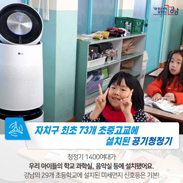 자치구 최초 73개 초중고교에 설치된 공기청정기 청정기 1400여대가 우리 아이들의 학교 과학실, 음악실 등에 설치됐어요. 강남의 29개 초등학교에 설치된 미세먼지 신호등은 기본!