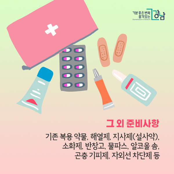 그 외 준비사항: 기존 복용 약물, 해열제, 지사제(설사약), 소화제, 반창고, 물파스, 알코올 솜, 곤충 기피제, 자외선 차단제 등