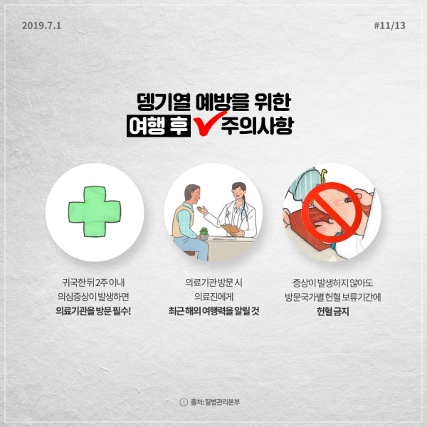 뎅기열 예방을 위한 여행 후 주의사항 ☑귀국한 뒤 2주 이내 의심증상이 발생하면 의료기관 방문 필수! ☑의료기관 방문 시 의료진에게 최근 해외 여행력을 알릴 것 ☑증상이 발생하지 않아도 방문국가별 헌혈 보류기간에 헌혈 금지