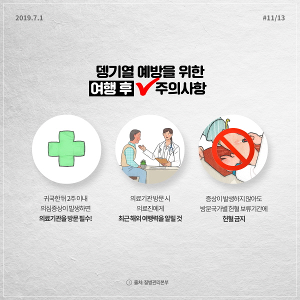 뎅기열 예방을 위한 여행 후 주의사항 ☑귀국한 뒤 2주 이내 의심증상이 발생하면 의료기관 방문 필수! ☑의료기관 방문 시 의료진에게 최근 해외 여행력을 알릴 것  ☑증상이 발생하지 않아도 방문국가별 헌혈 보류기간에 헌혈 금지 