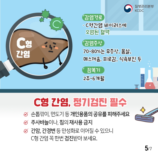 C형간염  - 감염경로: C형간염 바이러스에 오염된 혈액  - 감염증상: 70~80%는 무증상, 몸살, 메스꺼움, 피로감, 식욕부진 등  - 잠복기: 2주~6개월   C형 간염, 정기검진 필수  ☑손톱깎이, 면도기 등 개인용품의 공유를 피해주세요 ☑주사바늘이나 침의 재사용 금지 ☑간암, 간경변 등 만성화로 이어질 수 있으니 C형간염 꼭 한 번 검진받아 보세요 