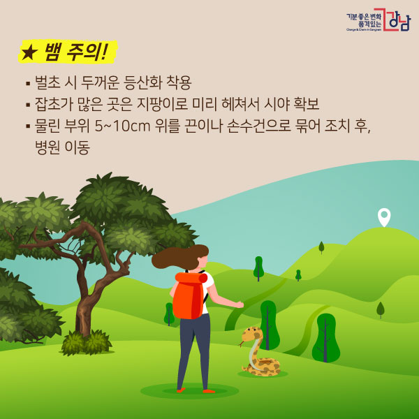 ★뱀 주의! - 벌초 시 두꺼운 등산화 착용 - 잡초가 많은 곳은 지팡이로 미리 헤쳐서 시야 확보 - 물린 부위 5~10cm 위를 끈이나 손수건으로 묶어 조치 후, 병원 이동