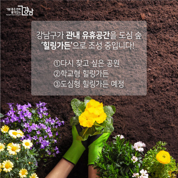 강남구가 관내 유휴공간을 도심 숲 ‘힐링가든’으로 조성 중입니다! (①다시 찾고 싶은 공원 ②학교형 힐링가든 ③도심형 힐링가든 예정)