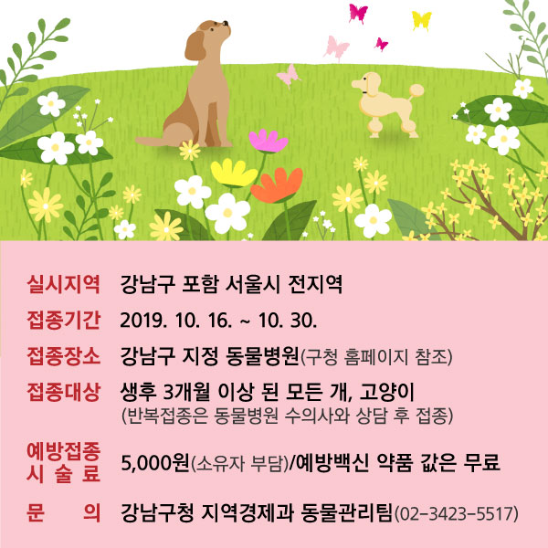 □ 실시지역 : 강남구 포함 서울시 전지역□ 접종기간 : 2019. 10. 16. ~ 10. 30.□ 접종장소 : 강남구 지정 동물병원(구청 홈페이지 참조)□ 접종대상 : 생후 3개월 이상 된 모든 개, 고양이 (반복접종은 동물병원 수의사와 상담 후 접종)□ 예방접종 시술료 : 5,000원(소유자 부담) / 예방백신 약품 값은 무료□ 문의 : 강남구청 지역경제과 (02-3423-5517)