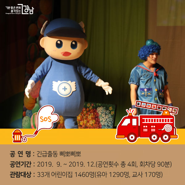 공연명 : 긴급출동 삐뽀삐뽀 공연기간 : 2019. 10. ~ 2019. 12. (공연횟수 총 4회, 회차당 90분)관람대상 : 33개 어린이집 1460명(유아 1290명, 교사 170명)