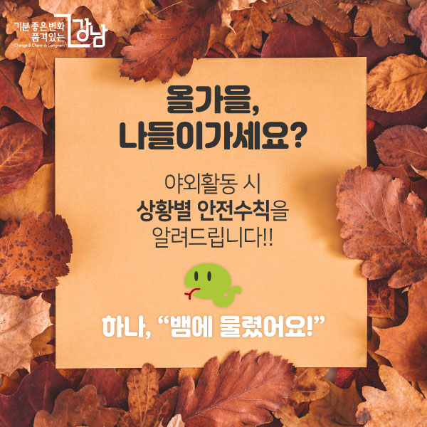 올가을, 나들이가세요?야외활동 시 상황별 안전수칙을 알려드립니다!!하나,“뱀에 물렸어요!”