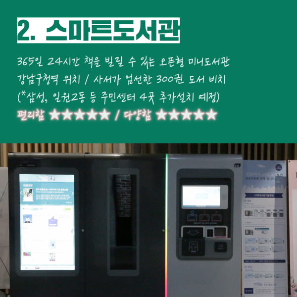 2. 스마트 도서관  - 365일 24시간 책을 빌릴 수 있는 오픈형 미니도서관  - 강남구청역에 설치됨 / 사서들이 엄선한 300여권 도서 비치 - (*삼성2동, 일원2동 등 주민센터 4곳 추가설치 예정)     - 편리함 ★★★★★ / 다양함 ★★★★★  