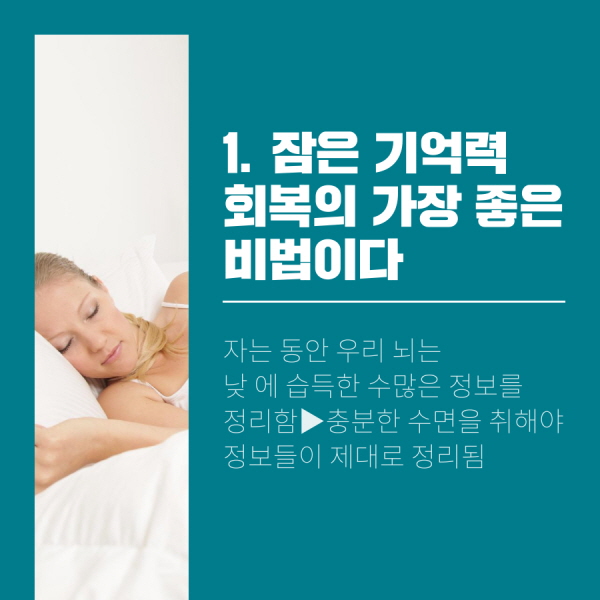 1. 잠은 기억력 회복의 가장 좋은 비법이다 자는 동안 우리 뇌는 낮 시간에 습득한 수많은 정보를 정리함 ▶충분한 수면을 취해야 정보들이 제대로 정리됨 