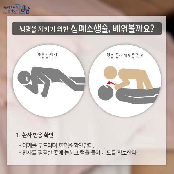 생명을 지키기 위한 심폐소생술, 배워볼까요?  1. 환자 반응 확인- 어깨를 두드리며 호흡을 확인한다.- 환자를 평평한 곳에 눕히고 턱을 들어 기도를 확보한다.