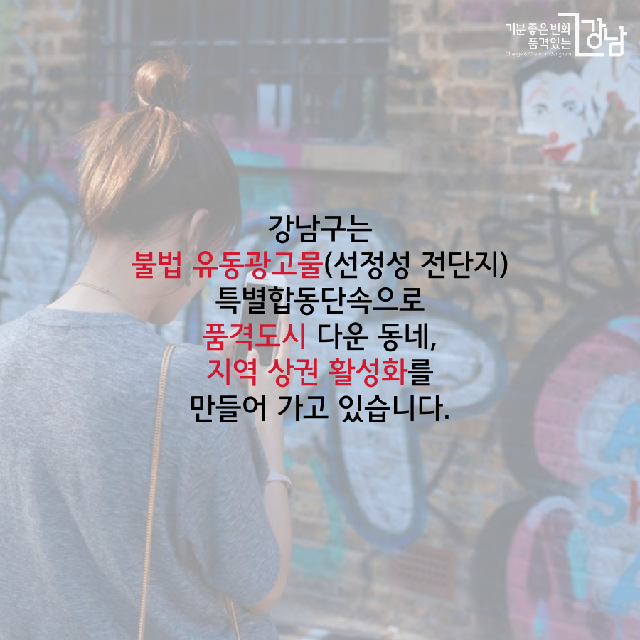 강남구는 불법 유동광고물 특별합동단속으로 품격도시 다운 동네, 지역 상권 활성화에 적극 나서고 있습니다.