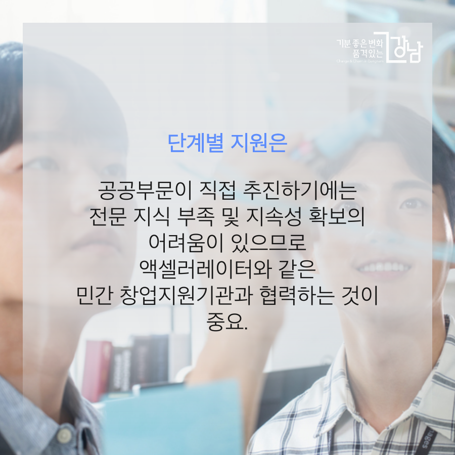 단계별 지원은 공공부문이 직접 추진하기에는 전문 지식 부족 및 지속성 확보의 어려움 있으므로 액셀러레이터와 같은 민간 창업지원기관과 협력하는 것이 중요.