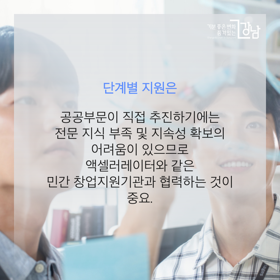 단계별 지원은 공공부문이 직접 추진하기에는 전문 지식 부족 및 지속성 확보의 어려움 있으므로 액셀러레이터와 같은 민간 창업지원기관과 협력하는 것이 중요. 