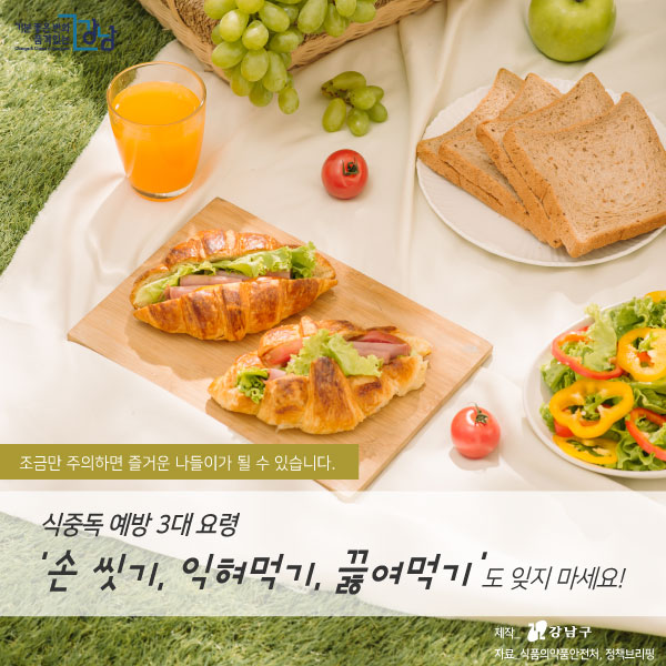 조금만 주의하면 즐거운 나들이가 될 수 있습니다. 식중독 예방 3대 요령 ‘손 씻기, 익혀먹기, 끓여먹기’도 잊지 마세요!