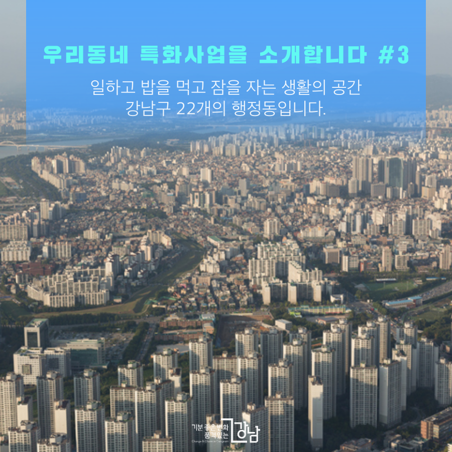우리동네 특화사업을 소개합니다 #3 일하고 밤을 먹고 잠을 자는 생활의 공간 강남구 22개의 행정동입니다.