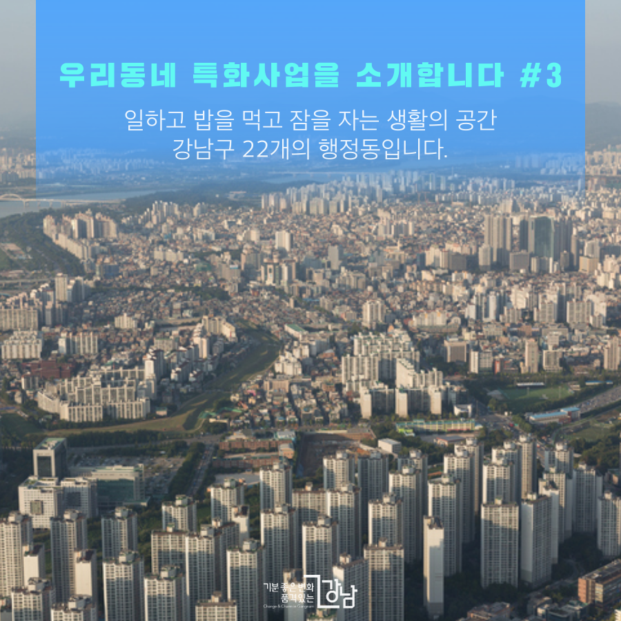 우리동네 특화사업을 소개합니다 #3 일하고 밤을 먹고 잠을 자는 생활의 공간 강남구 22개의 행정동입니다. 