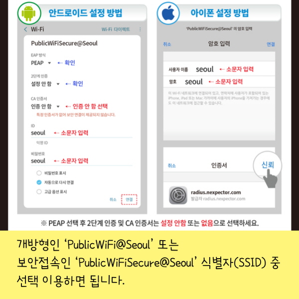 개방형인 ‘PublicWiFi@Seoul’ 또는 보안접속인 ‘PublicWiFiSecure@Seoul’ 식별자(SSID) 중 선택 이용하면 됩니다.
