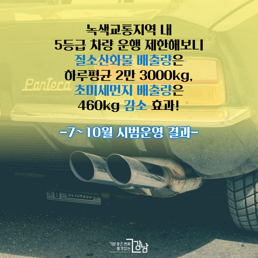 녹색교통지역 내 5등급 차량 운행 제한해보니 질소산화물 배출량은 하루평균 2만 3000kg, 초미세먼지 배출량은 하루평균 460kg 감소 효과! (서울시 7~10월 시범운영 결과)