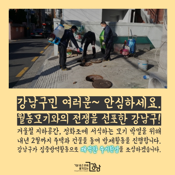 강남구민 여러분~ 안심하세요.  월동모기와의 전쟁을 선포한 강남구! 겨울철 지하공간, 정화조에 서식하는 모기 박멸을 위해 내년 2월까지 주택과 건물을 돌며 방제활동을 진행합니다. 강남구가 집중방역활동으로 쾌적한 주거환경을 조성하겠습니다.  