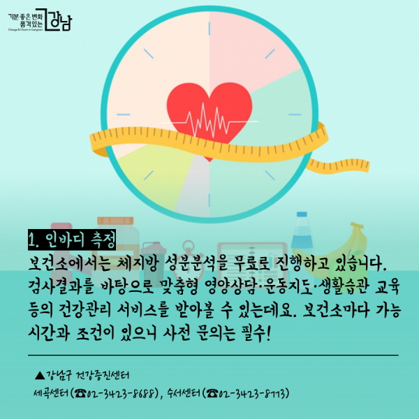  1. 인바디 측정 보건소에서는 체지방 성분분석을 무료로 진행하고 있습니다. 검사결과를 바탕으로 맞춤형 영양상담·운동지도·생활습관 교육 등의 건강관리 서비스를 받아볼 수 있는데요. 각 보건소마다 가능 시간과 조건이 있으니 사전 문의는 필수!  ▲강남구 건강증진센터   세곡센터(☎02-3423-8688) 또는 수서센터(☎02-3423-8773)