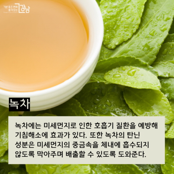 ▲ 녹차 녹차에는 미세먼지로 인한 호흡기 질환을 예방하여 기침해소에 효과가 있다. 또한 녹차의 탄닌 성분은 미세먼지의 중금속을 체내에 흡수되지 않도록 막아주며 배출할 수 있도록 도와준다.