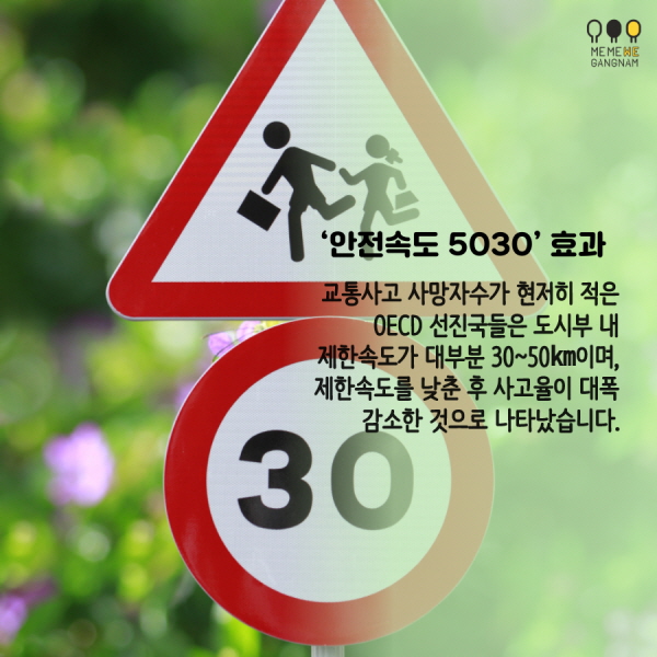 ‘안전속도 5030’ 효과  교통사고 사망자수가 현저히 적은 OECD 선진국들은 도시부 내 제한속도가 대부분 30~50㎞이며, 제한속도를 낮춘 후 사고율이 대폭 감소한 것으로 나타났습니다.