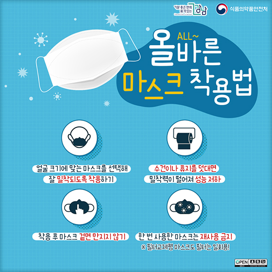 ◆ 올바른 마스크 착용법 - 얼굴 크기에 맞는 마스크를 선택해 잘 밀착되도록 착용하기 - 수건이나 휴지를 덧대면 밀착력이 떨어져 성능 저하 - 착용 후 마스크 겉면 만지지 않기 - 한번 사용한 마스크는 재사용 금지 ※ 필터교체형 마스크도 필터는 일회용!