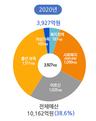 2020년:전체예산10,162억원(38.6%) 중 복지예산3,927억원 복지정책187억원 사회복지1,099억원 어르신1.025억원 출산보육1,511억원 여성가족105억원