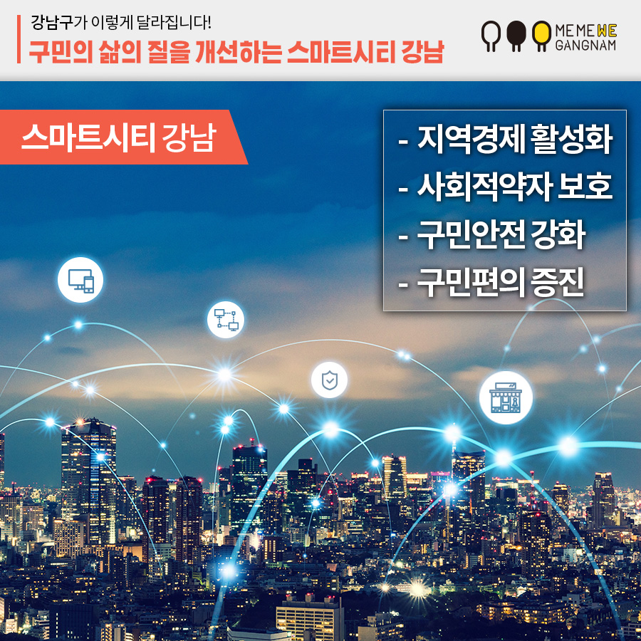 스마트시티 강남 - 지역경제 활성화 - 사회적약자 보호 - 구민안전 강화 - 구민편의 증진