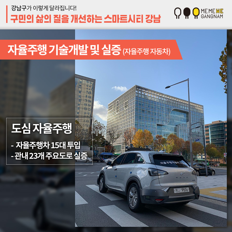 자율주행 기술개발 및 실증 (자율주행 자동차) 도심 자율주행 - 자율주행차 15대 투입 - 관내 23개 주요도로 실증