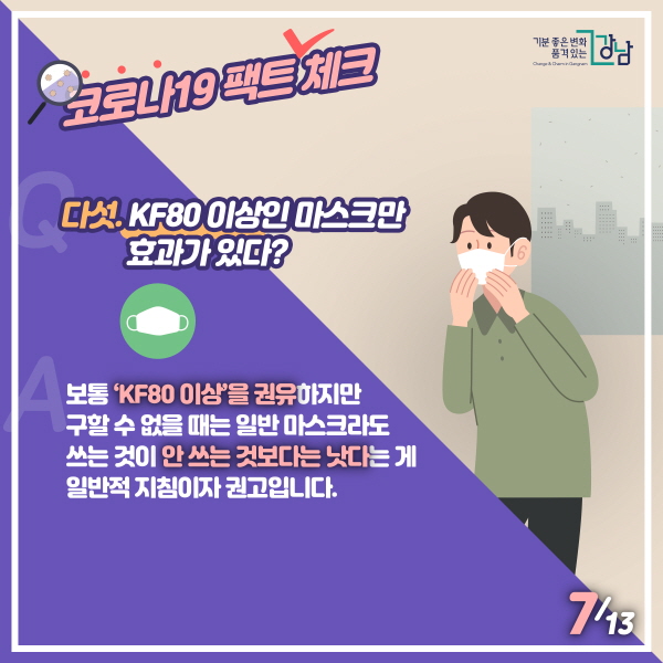 다섯. KF80 이상인 마스크만 효과가 있다? 보통 ‘KF80 이상’을 권유하지만 구할 수 없을 때는 일반 마스크라도 쓰는 것이 안 쓰는 것보다는 낫다는 게 일반적 지침이자 권고입니다.