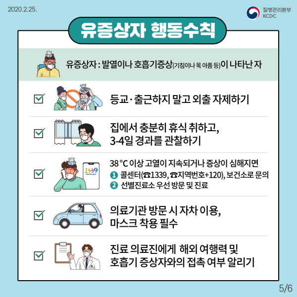 유증상자(발열이나 기침, 목아픔 등의 호흡기증상이 나타난 사람) 01. 등교나 출근을 하지 말고 외출을 자제해 주세요. 02. 집에서 충분히 휴식을 취하고 3-4일 경과를 관찰해 주세요. 03. 38℃ 이상 고열이 지속되거나 증상이 심해지면 - 콜센터(☎1339, ☎지역번호+120), 강남구 재난안전대책본부(02-3423-5555)로 문의하거나 - 선별진료소를 우선 방문해 진료를 받으세요. 04. 의료기관 방문 시에는 자기 차량을 이용하고 마스크를 착용하세요. 05. 진료 의료진에게 해외 여행력 및 호흡기 증상자와의 접촉 여부를 알려주세요.