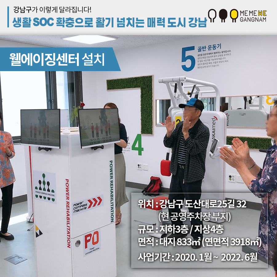 웰에이징센터 설치 위치 : 강남구 도산대로25길 32 (현 공영주차장 부지) 규모 : 지하3층 / 지상4층 면적 : 대지 833㎡ (연면적 3918㎡) 사업기간 : 2020. 1월 ~ 2022. 6월