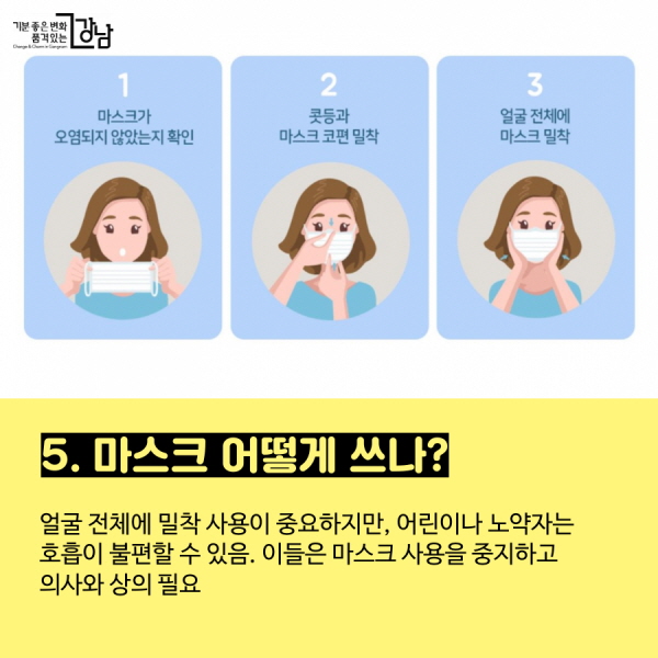 5. 마스크 어떻게 쓰나? - 얼굴 전체에 밀착 사용이 중요하지만, 어린이나 노약자는 호흡이 불편할 수 있음. 이들은 마스크 사용을 중지하고 의사와 상의 필요