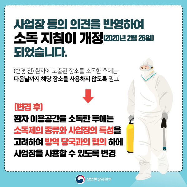 사업장 등의 의견을 반영해 소독 지침이 개정(2020년 2월 26일)됐습니다. (변경 전) 환자에 노출된 장소를 소독한 후에는 다음날까지 해당 장소를 사용하지 않도록 권고 (변경 후) 환자 이용공간을 소독한 후에는 소독제의 종류와 사업장의 특성을 고려해 방역 당국과의 협의 하에 사업장을 사용할 수 있도록 변경