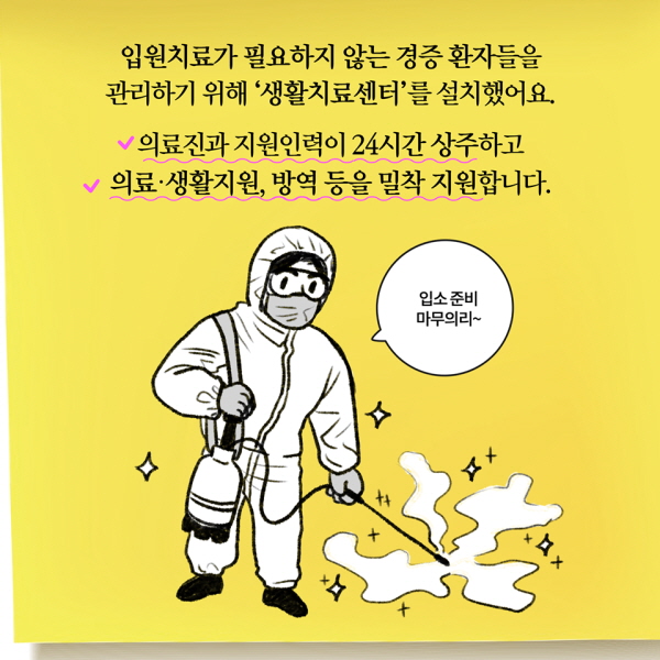 입원치료가 필요하지 않은 경증 환자들을 관리하기 위해 ‘생활치료센터’를 설치했어요. 의료진과 지원인력이 24시간 상주하고 의료·생활지원, 방역 등을 밀착 지원합니다.