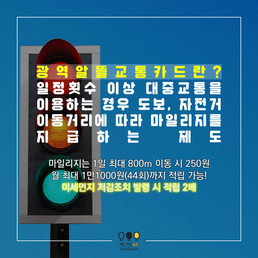 광역알뜰교통카드는? 일정횟수 이상 대중교통을 이용하는 경우 도보, 자전거 이동거리에 따라 마일리지를 지급하는 제도 마일리지는 1일 최대 800m 이동 시 250원, 월 최대 1만1000원(44회)까지 적립 가능! 미세먼지 저감조치 발령 시에는 두배로 적립됩니다!