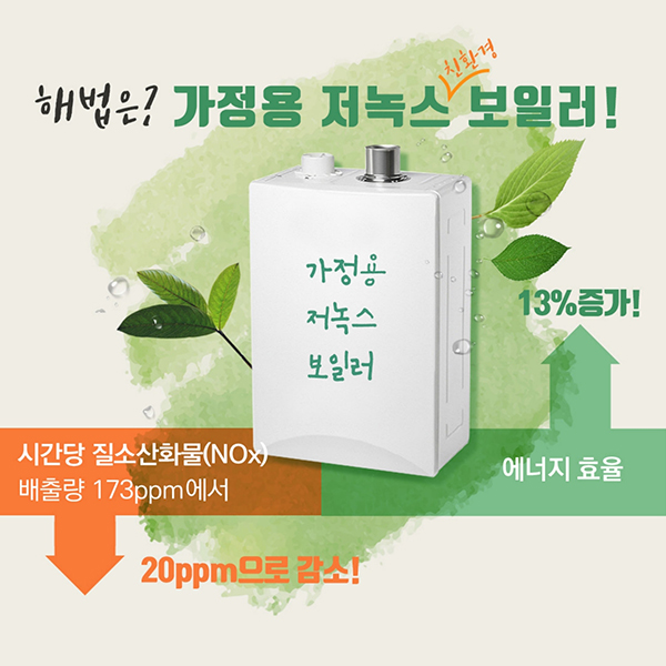 해법은? 가정용 저녹스 친환경 보일러! 시간당 질소산화물 배출량 173ppm에서 20ppm으로 감소! 에너지 효율 13% 증가!